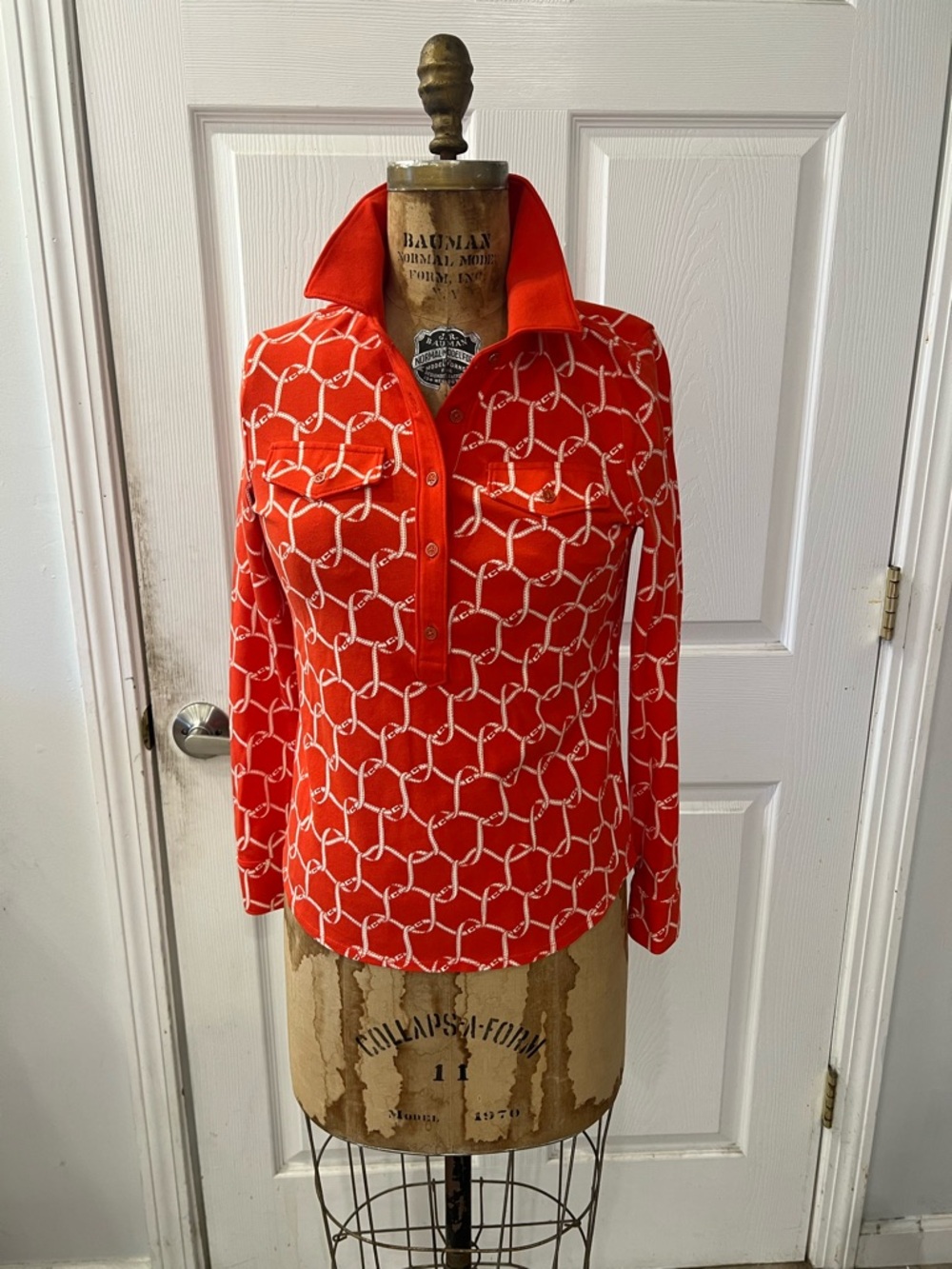 Talbots Red Geometric Long-Sleeve Polo Top